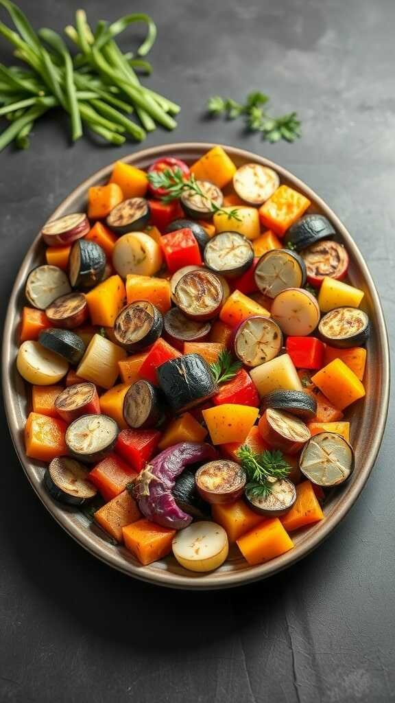 A platter of colorful Mediterranean roasted vegetables including eggplant, zucchini, bell peppers, and carrots.