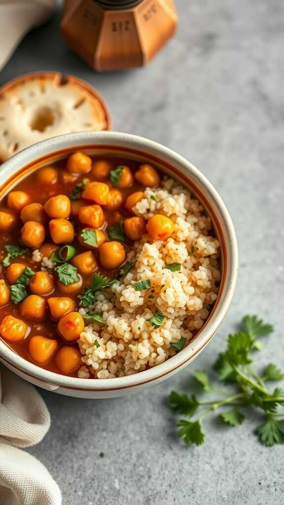 A bowl of Moroccan-Spiced Chickpea Stew served with couscous and garnished with cilantro.