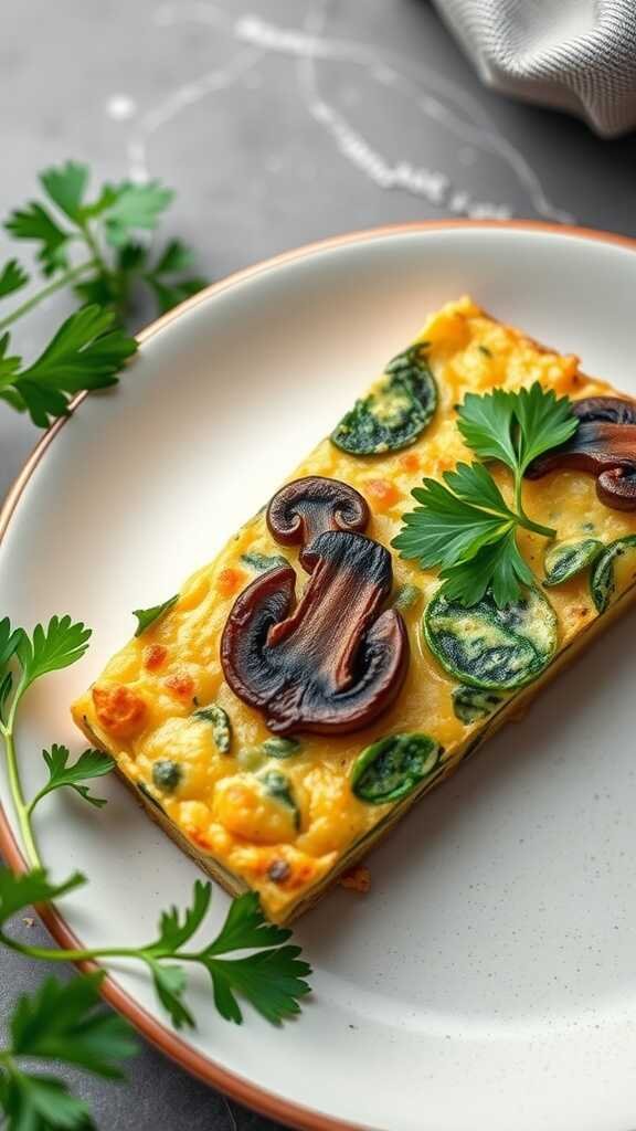 A delicious mushroom and spinach frittata served on a plate, garnished with herbs.