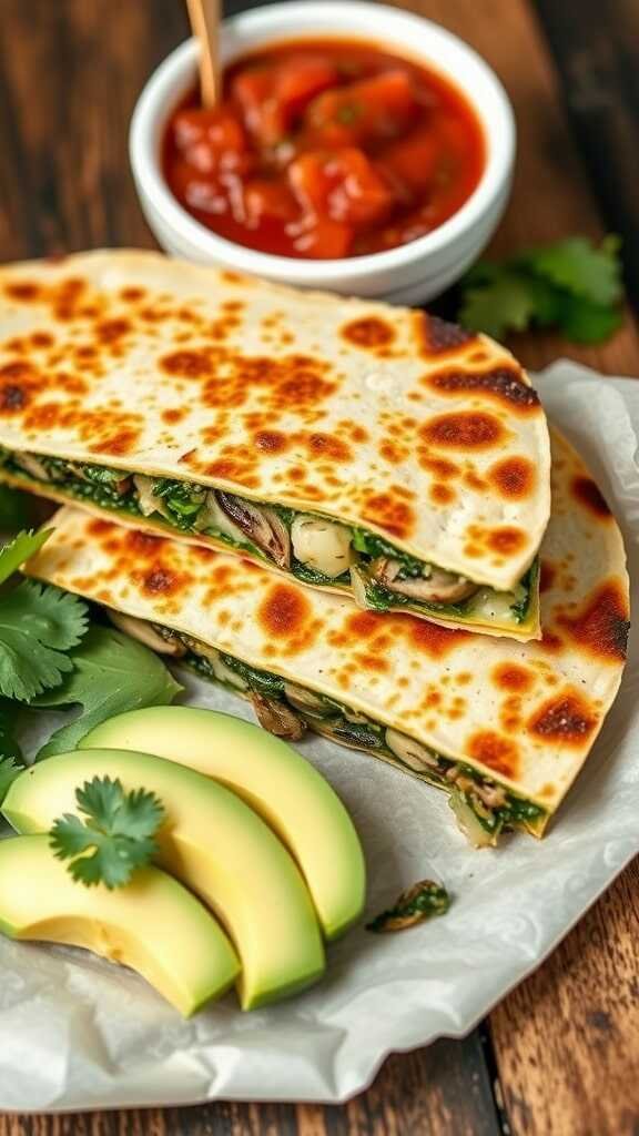 Mushroom and Spinach Quesadilla with toppings