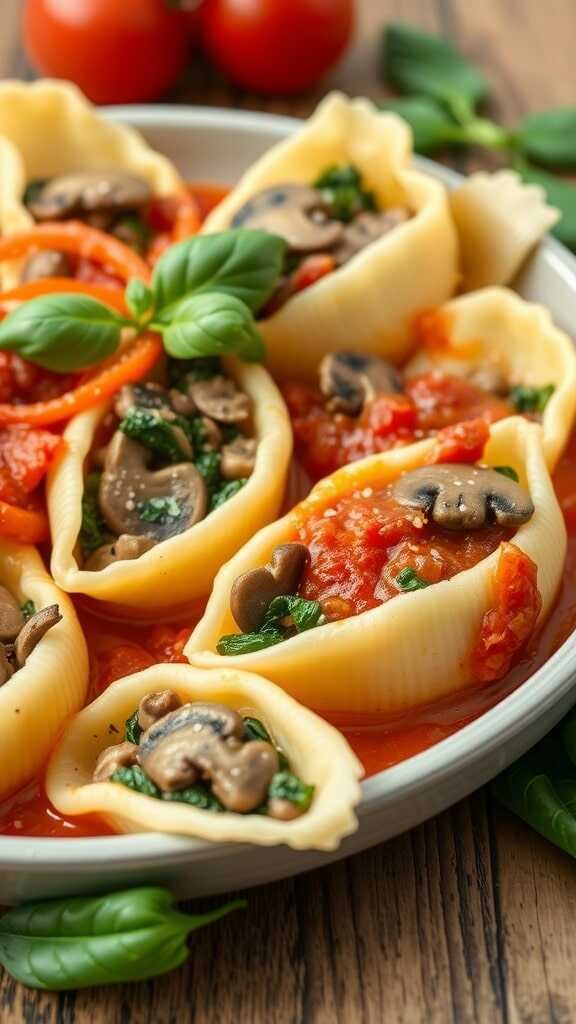 A delicious plate of mushroom and spinach stuffed shells topped with marinara sauce and fresh basil.