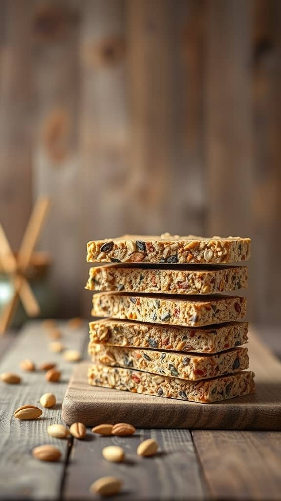 Nut and seed granola bars stacked on a wooden surface