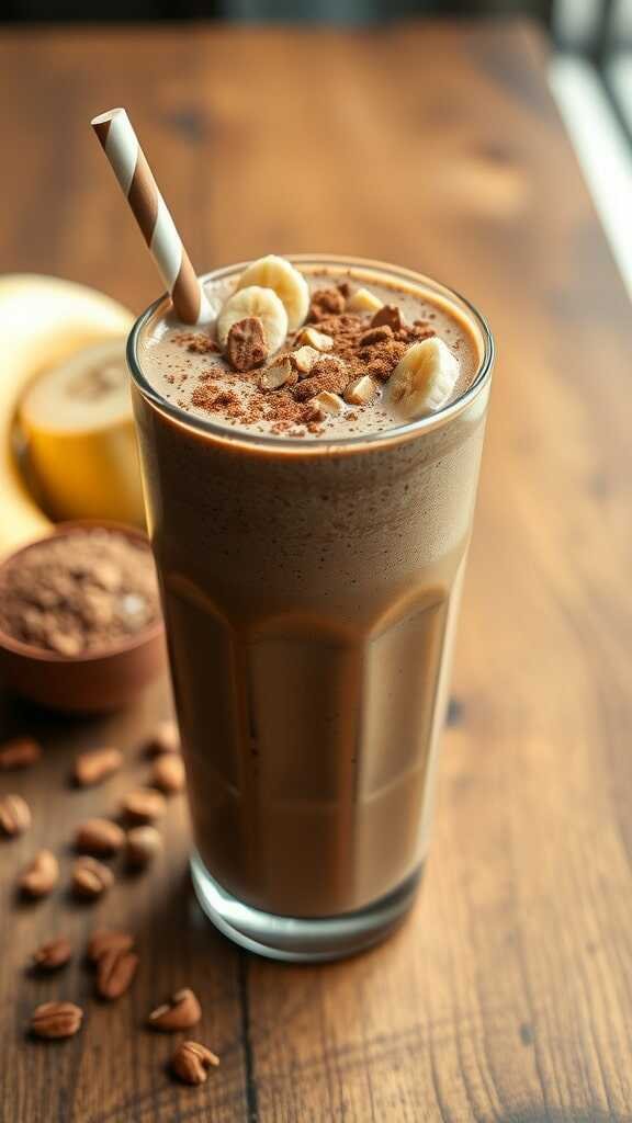 Nutty Chocolate Banana Smoothie in a glass with banana slices and cocoa powder