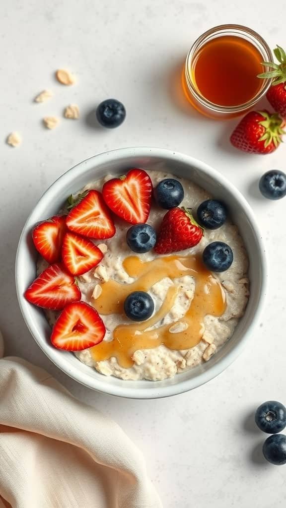 A bowl of oatmeal topped with almond butter and fresh berries.