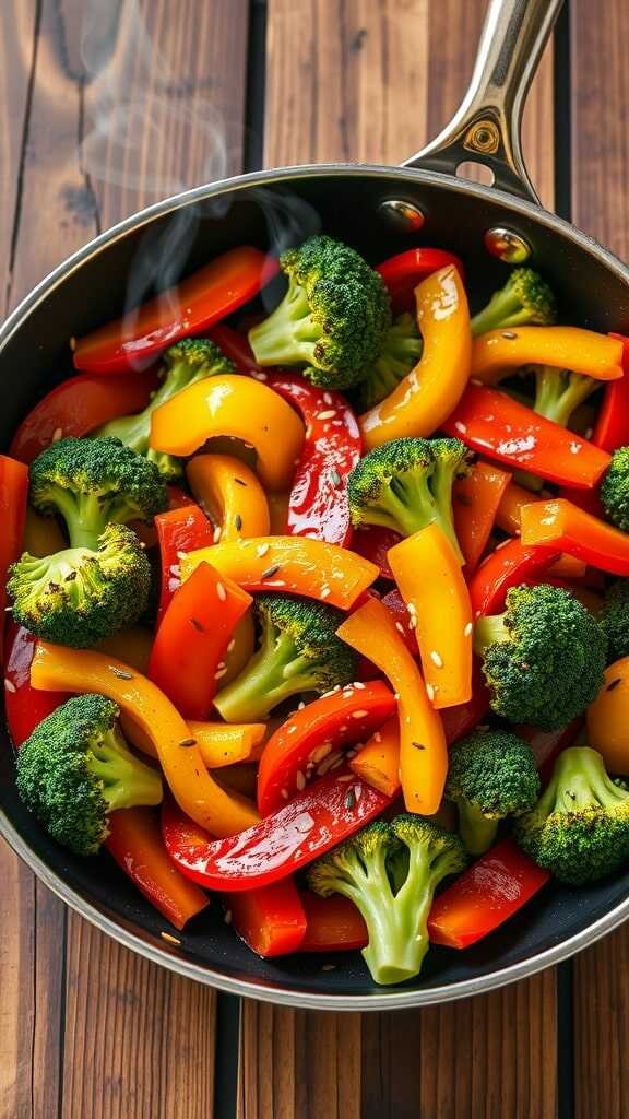 A colorful mix of broccoli, red and yellow bell peppers in a skillet