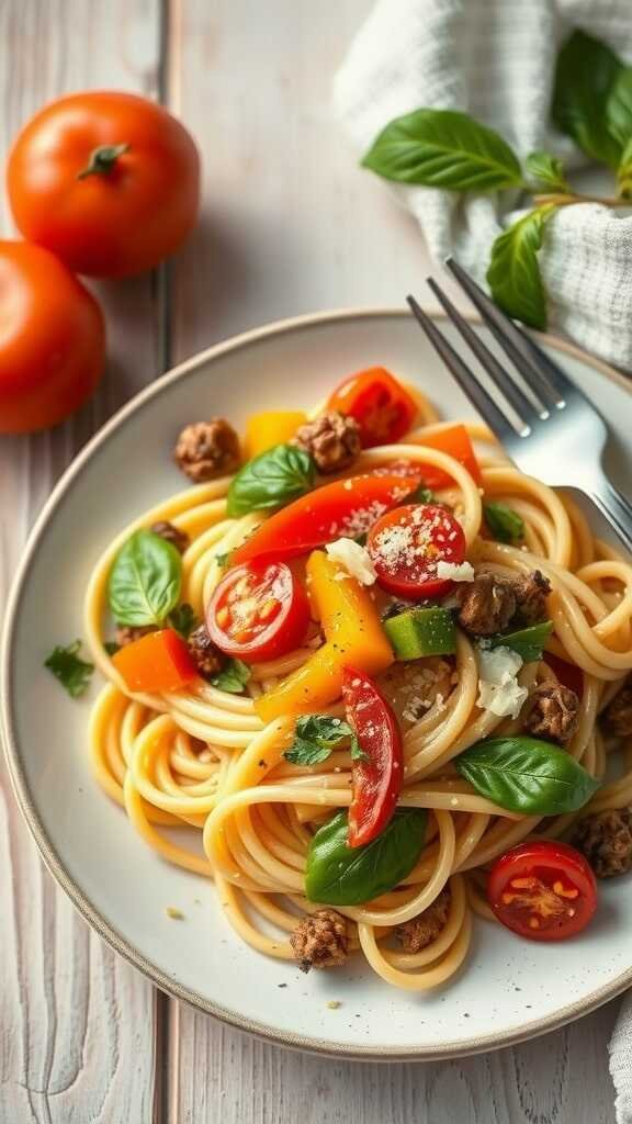 A vibrant plate of Pasta Primavera featuring pasta, colorful bell peppers, cherry tomatoes, and fresh basil.