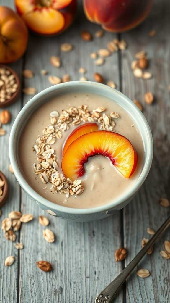 A bowl of peach oatmeal smoothie topped with peach slices and oats.