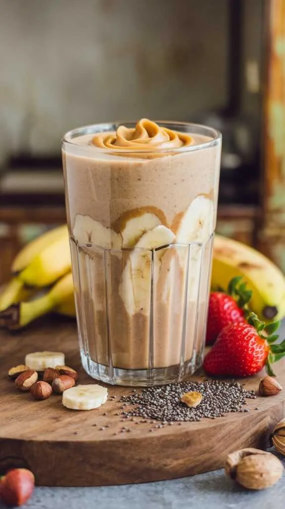 A creamy peanut butter banana smoothie in a glass with banana slices on top and a pink straw.