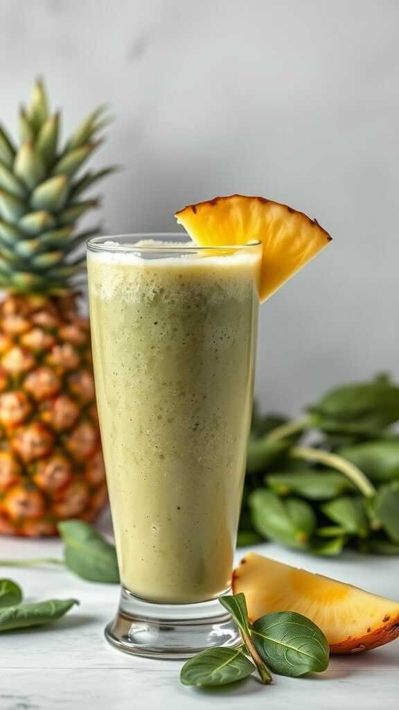 A refreshing green smoothie made with pineapple and spinach, garnished with a slice of pineapple.