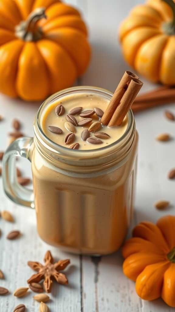 Pumpkin spice smoothie topped with pumpkin seeds and cinnamon sticks, surrounded by pumpkins.