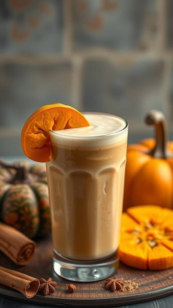 A delicious Pumpkin Spice Smoothie with a slice of pumpkin garnish.