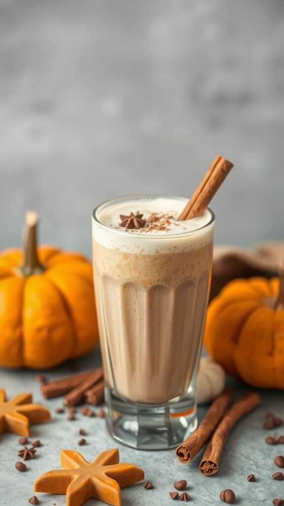 Vegan pumpkin spice smoothie in a glass with pumpkin and cinnamon sticks around it.