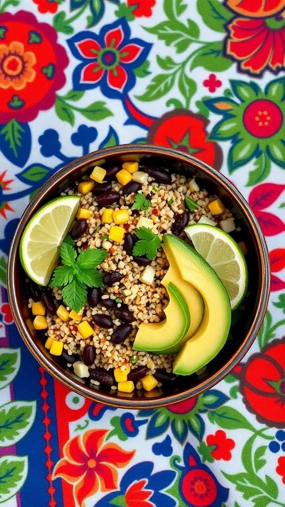 A vibrant quinoa and black bean bowl with avocado and lime