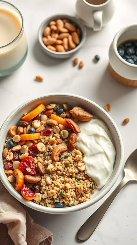 A nutritious quinoa breakfast bowl topped with nuts and fruits.