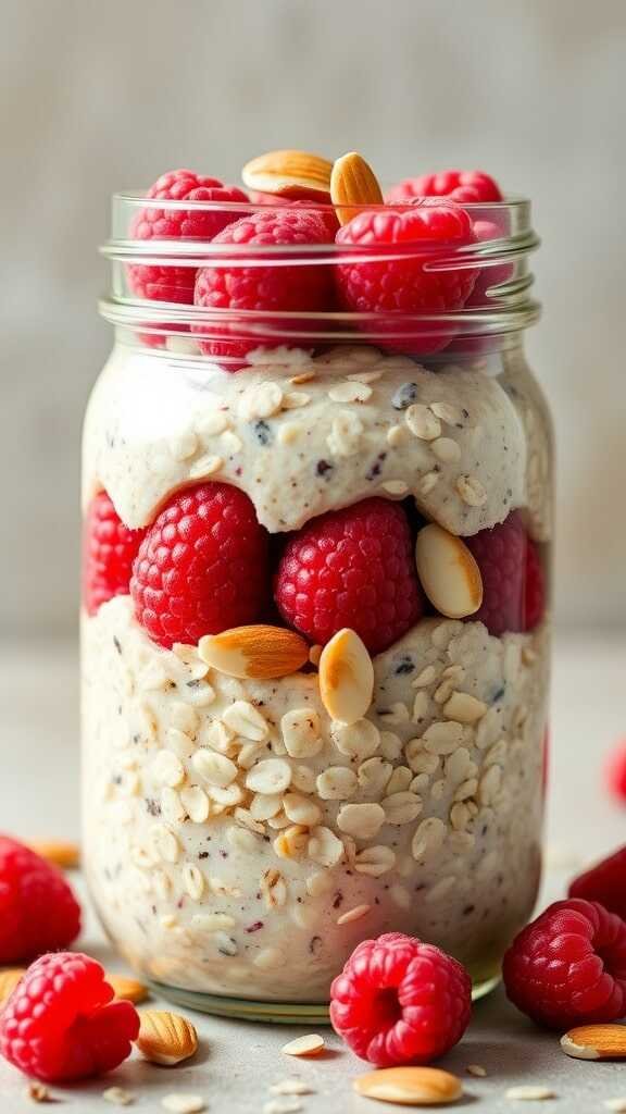 A jar of raspberry almond overnight oats with raspberries and almonds on top.