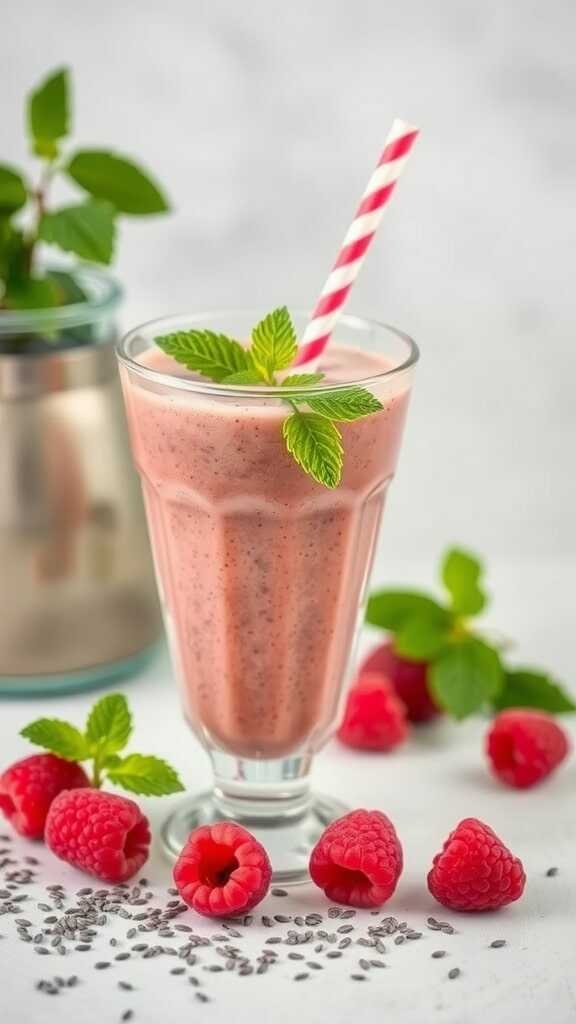 A refreshing raspberry chia smoothie in a tall glass with a straw, surrounded by fresh raspberries and mint leaves.