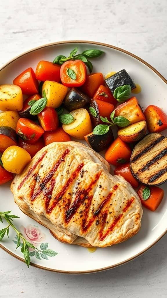 A plate of ratatouille with grilled chicken, featuring vibrant vegetables and herbs.