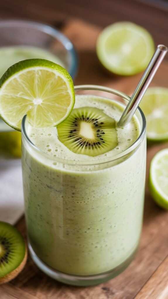 A refreshing kiwi lime smoothie garnished with sliced kiwi and lemon.