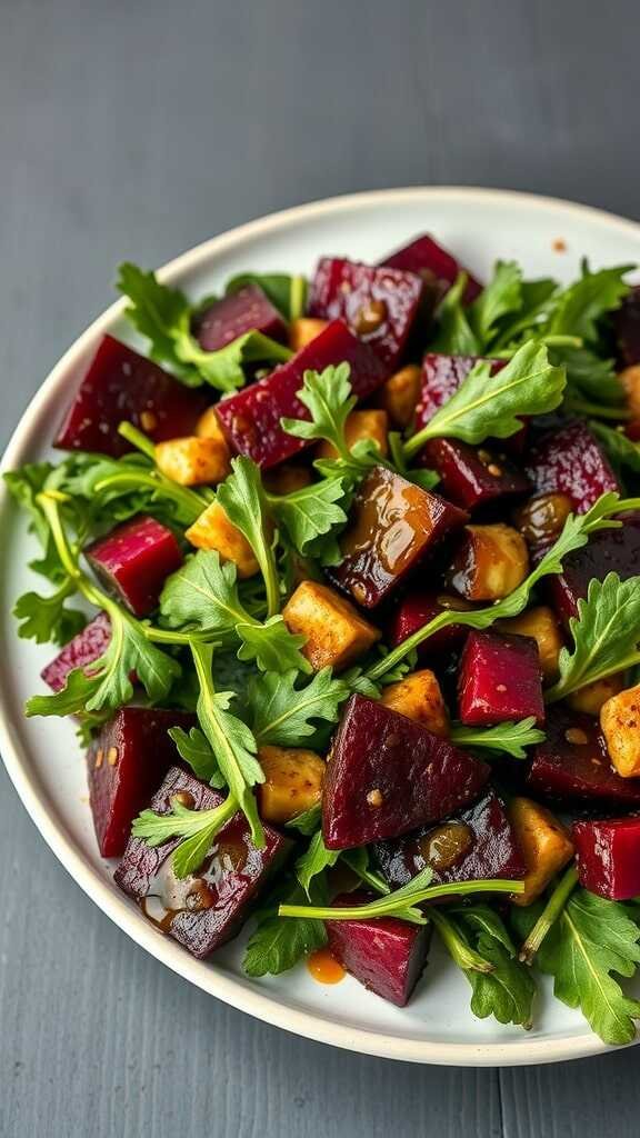 A colorful salad featuring roasted beets and fresh arugula.