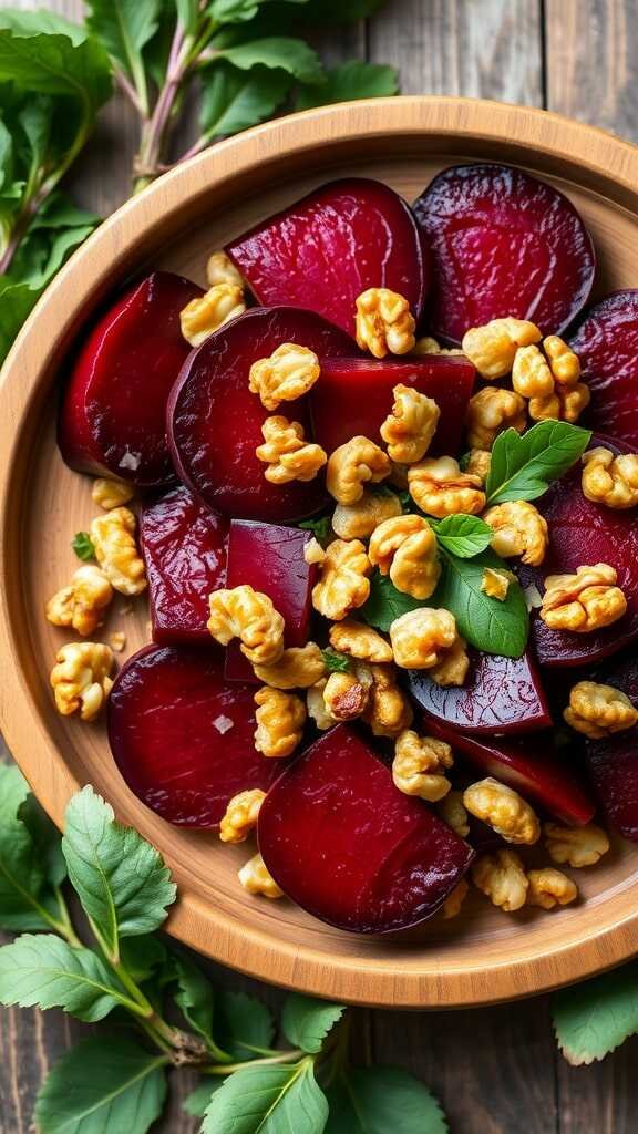 A vibrant salad featuring roasted beet slices topped with crunchy walnuts and garnished with fresh greens.