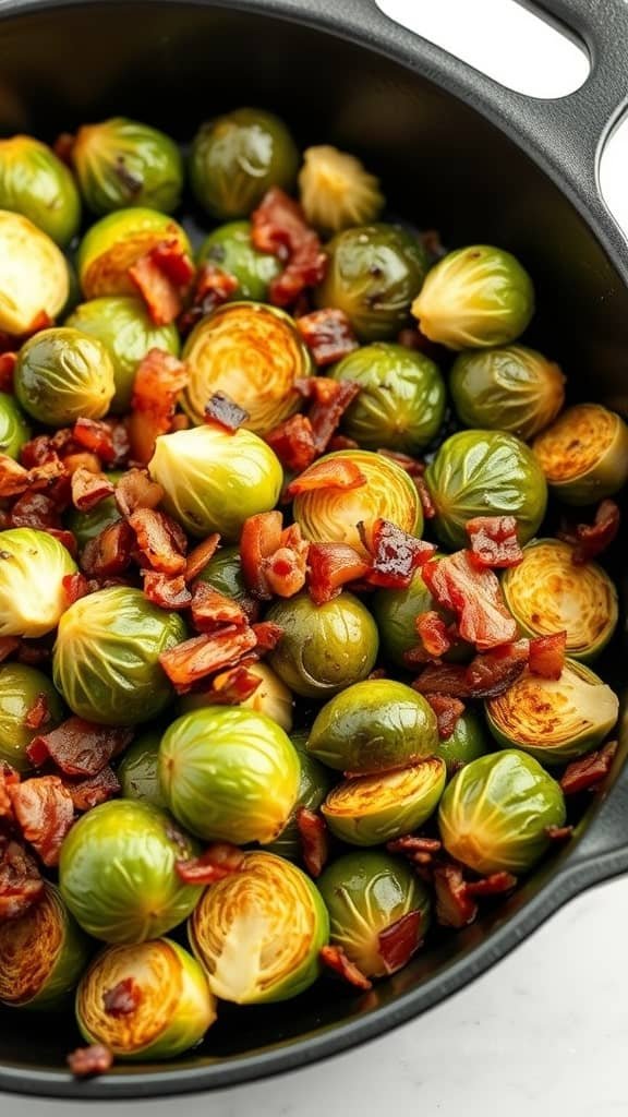 A dish of roasted Brussels sprouts and bacon