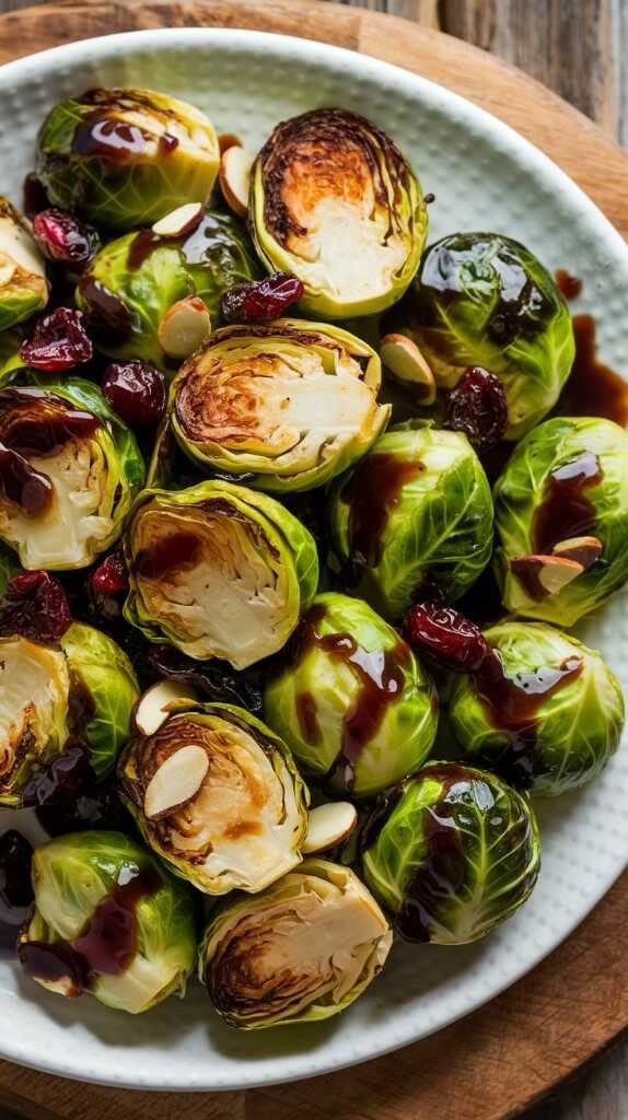 A plate of roasted Brussels sprouts drizzled with balsamic glaze, garnished with parsley.