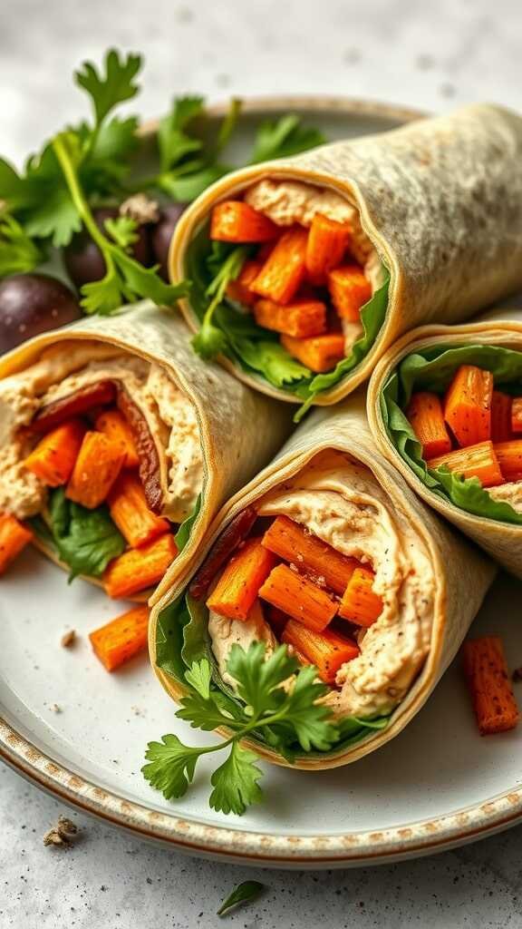 Roasted carrot and hummus wraps garnished with fresh herbs