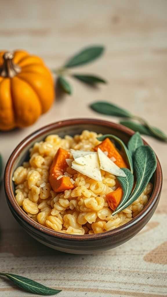 A bowl of creamy roasted pumpkin and sage risotto garnished with pumpkin pieces and sage leaves.