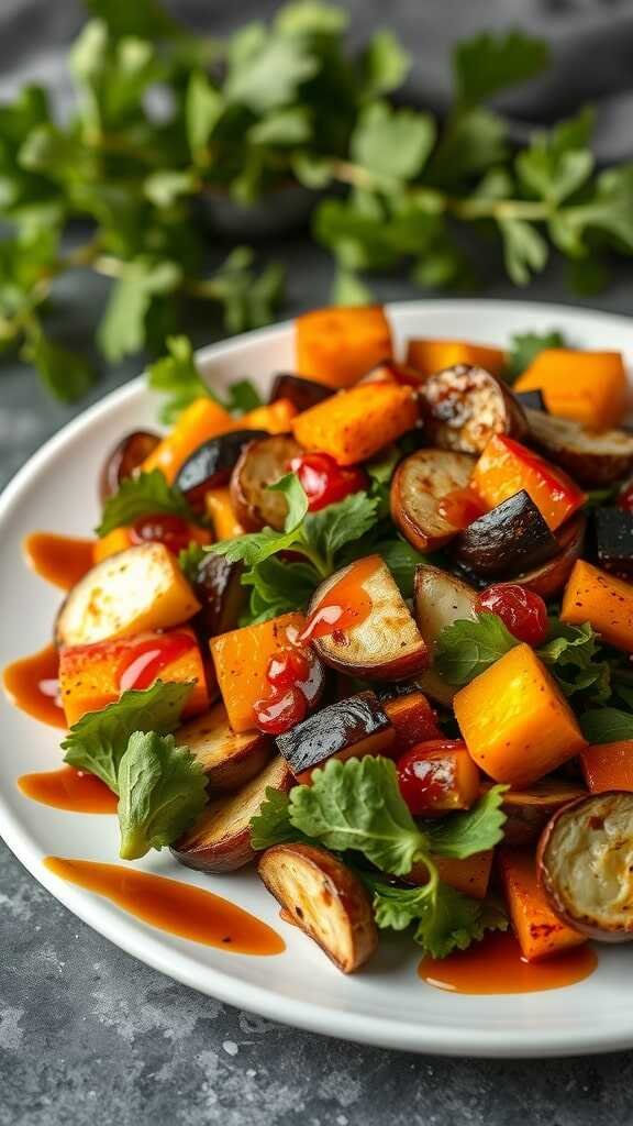 A vibrant plate of roasted vegetables with greens, showcasing colorful butternut squash, eggplant, and bell peppers.