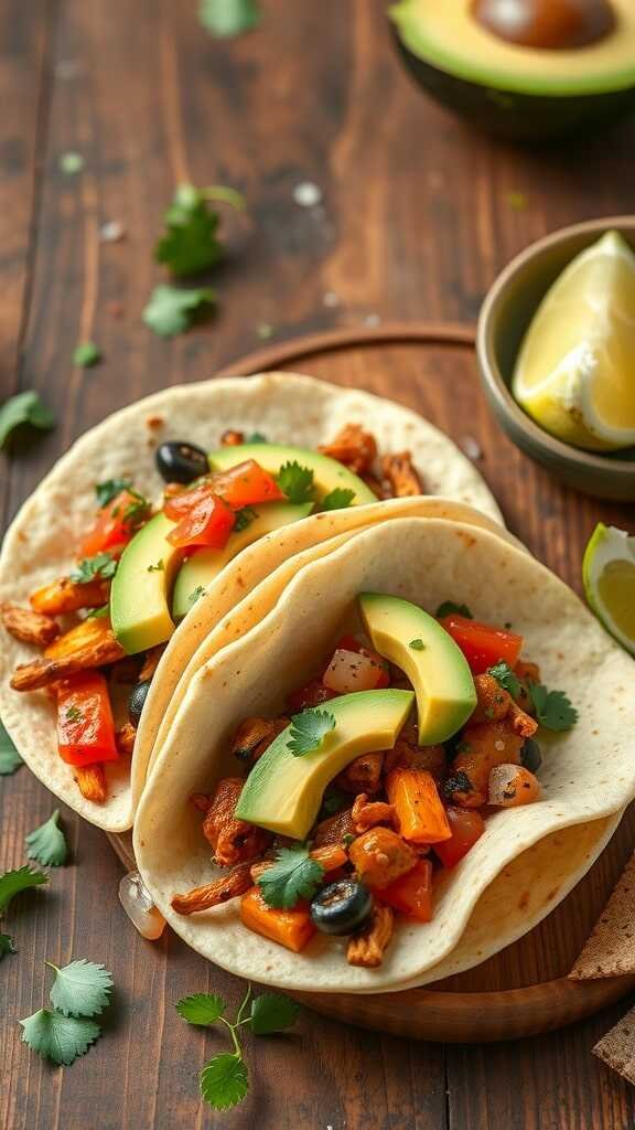 Delicious roasted vegetable tacos with avocado and fresh cilantro