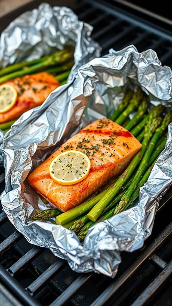 Salmon and asparagus cooked in foil packets with lemon slices