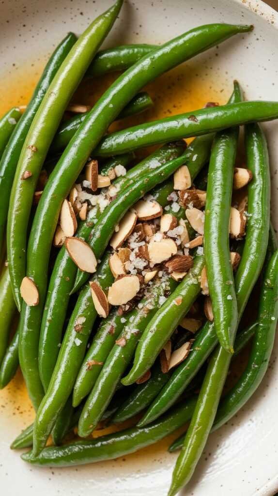 A plate of sautéed green beans with toasted almonds, served on a wooden table.