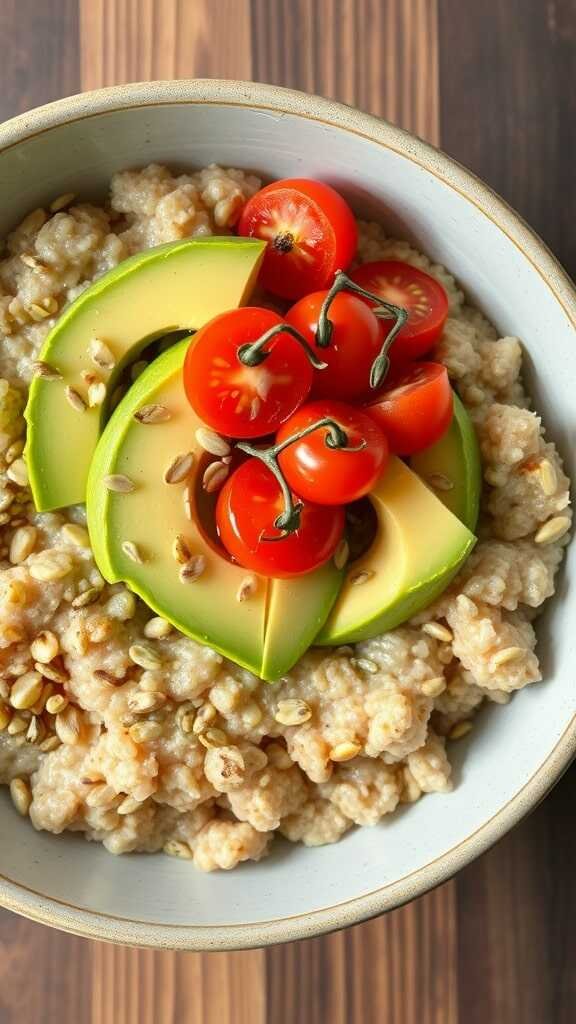 A bowl of savory oatmeal topped with sliced avocado, cherry tomatoes, and sunflower seeds.