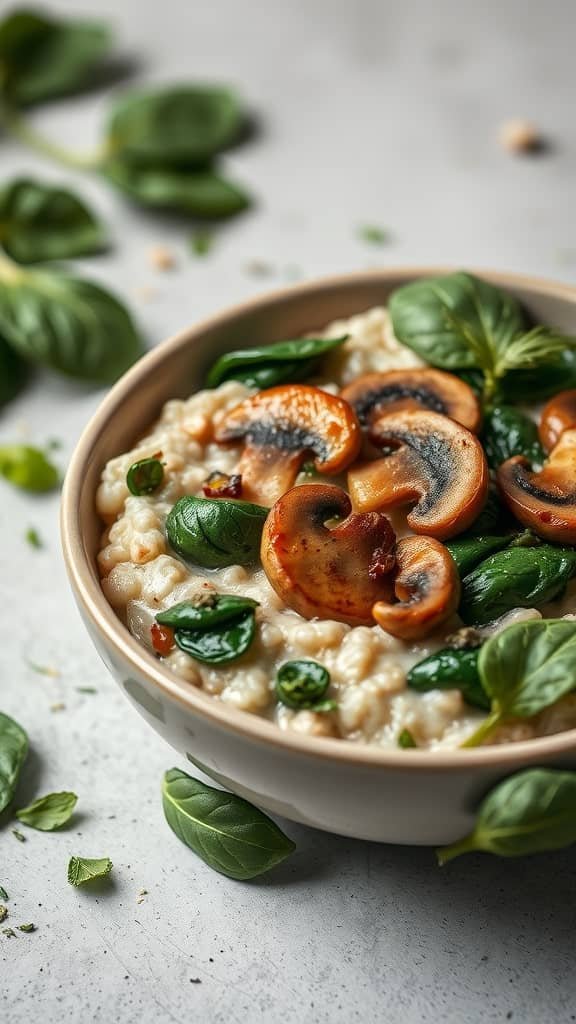 A bowl of savory oatmeal topped with spinach and mushrooms, surrounded by fresh herbs.