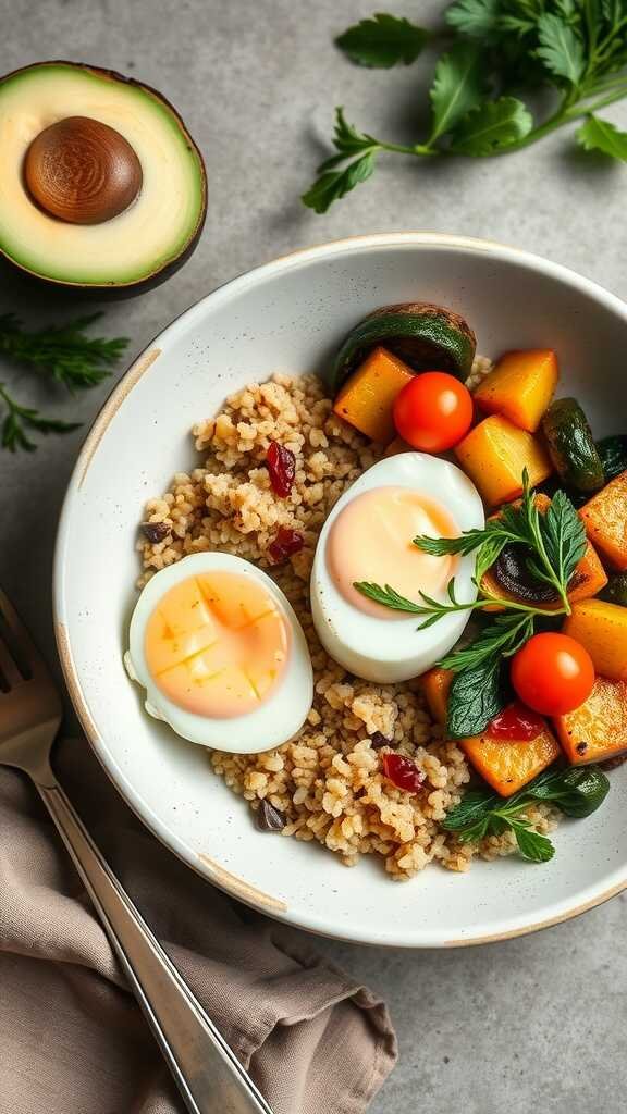 A savory quinoa breakfast bowl with eggs, vegetables, and avocado.