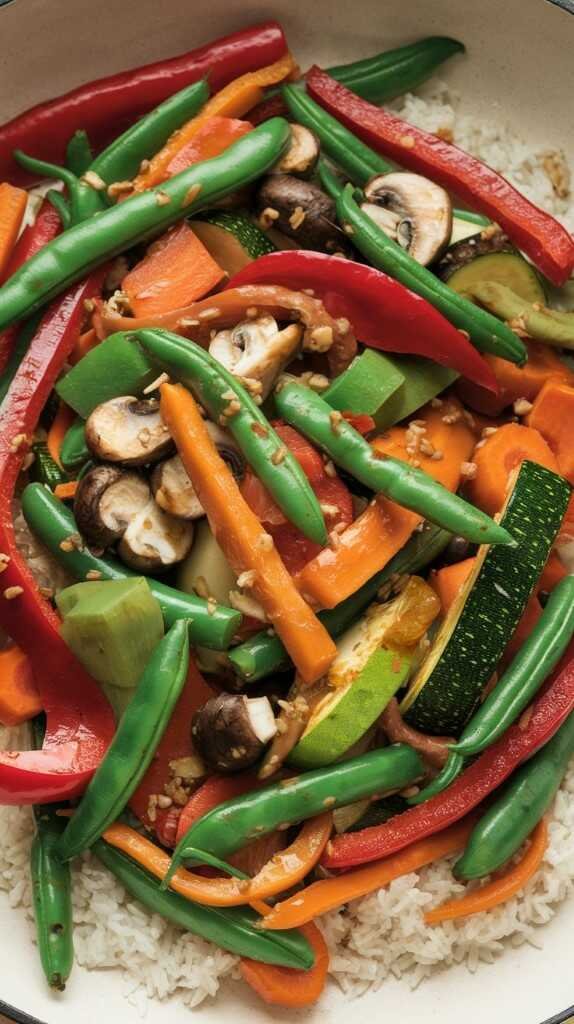 A colorful vegetable stir-fry with bell peppers, green beans, carrots, and tofu in a skillet.