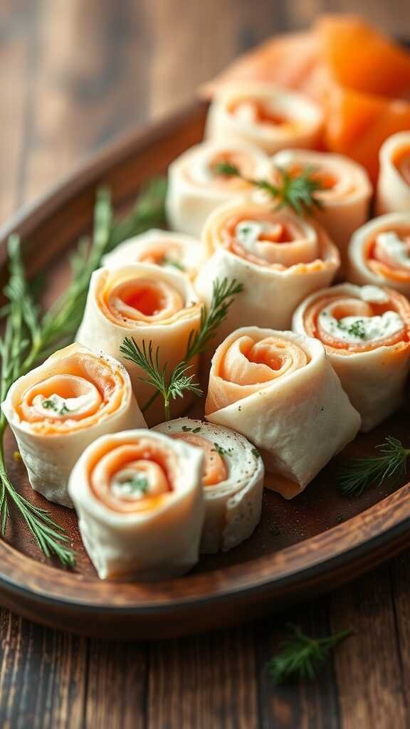 Delicious smoked salmon and cream cheese roll-ups garnished with herbs