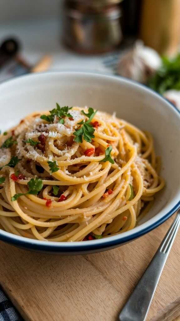 A bowl of spaghetti aglio e olio garnished with fresh herbs and red pepper slices.