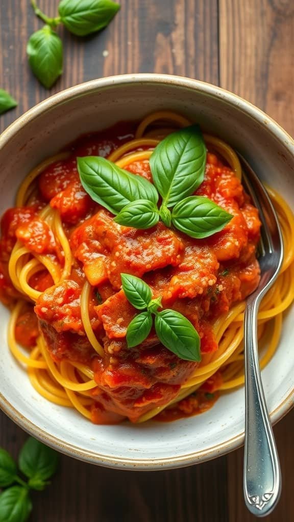 A bowl of spaghetti squash topped with marinara sauce and fresh basil.