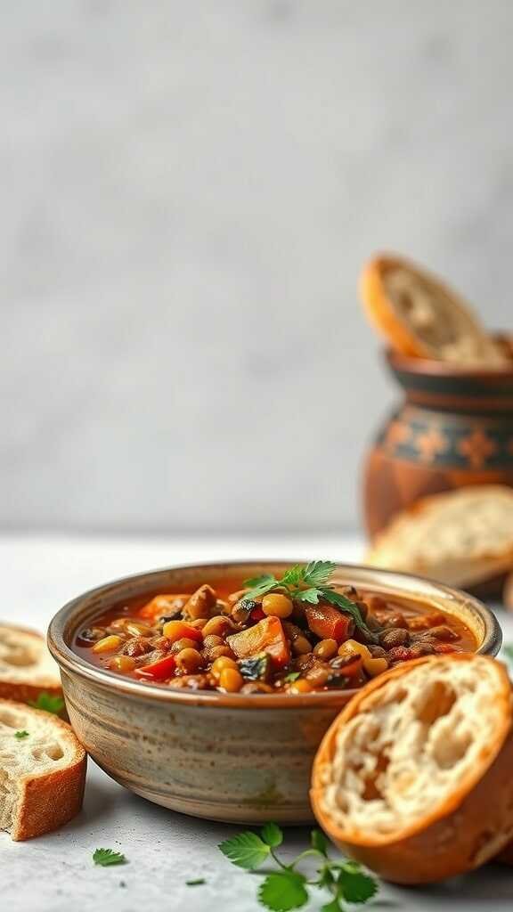 A bowl of spicy lentil and vegetable stew with bread on the side.