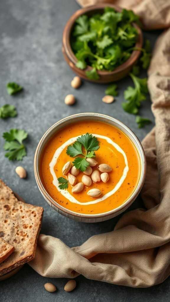 A bowl of creamy sweet potato soup garnished with peanuts and herbs.