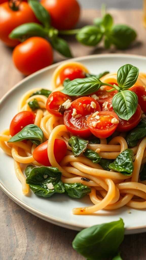 A plate of Spinach and Tomato Pasta topped with fresh basil.