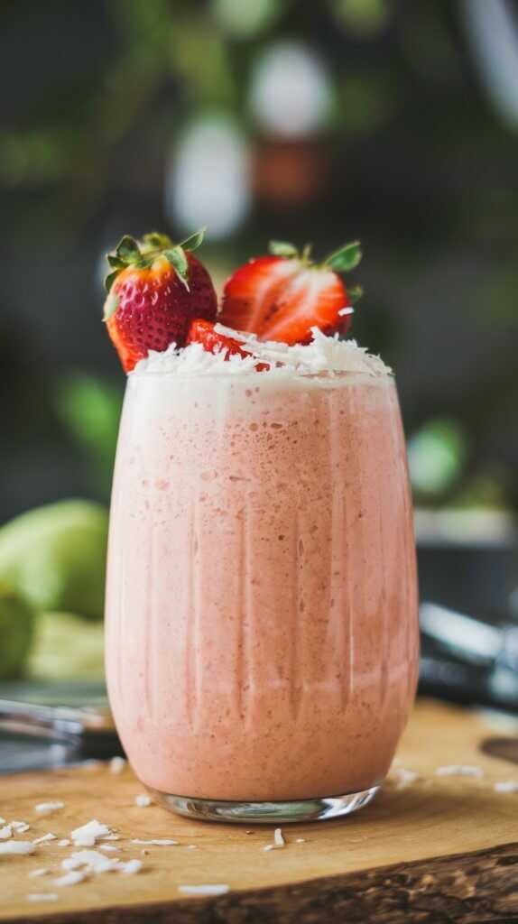 A vibrant strawberry coconut yogurt smoothie topped with fresh strawberries and coconut flakes.