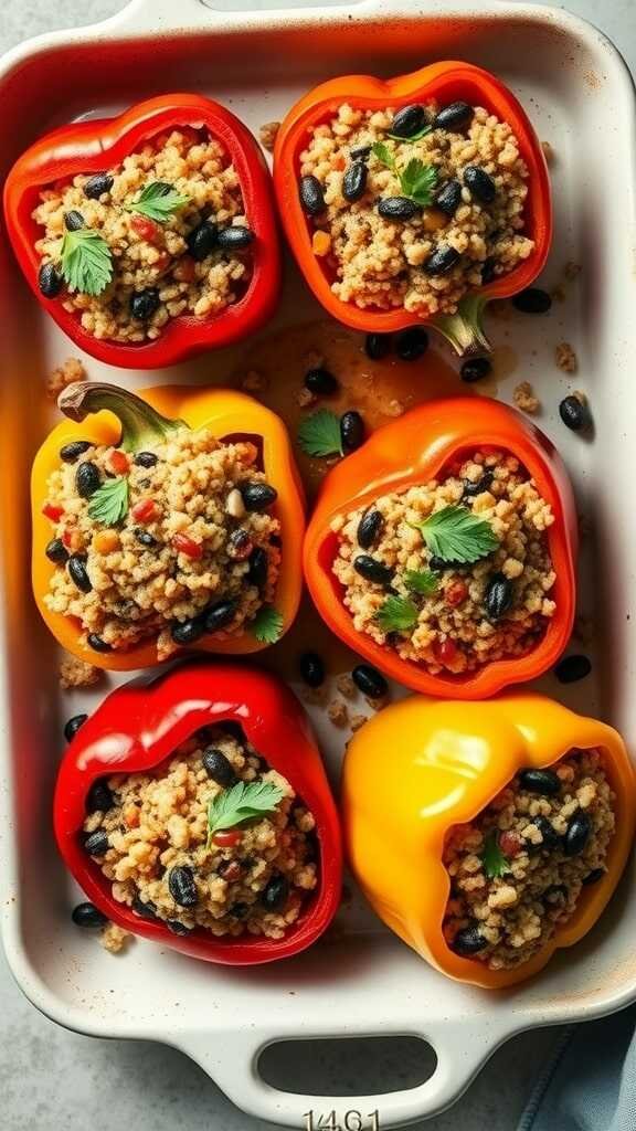 Colorful stuffed bell peppers filled with quinoa, black beans, and corn, garnished with cilantro.