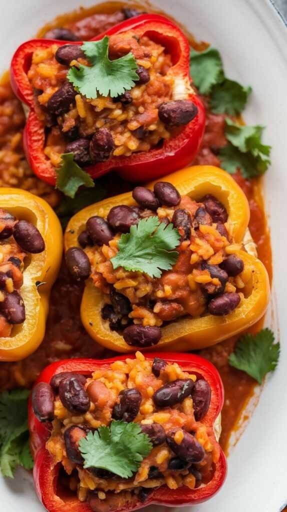 Colorful stuffed bell peppers filled with pinto beans and rice on a wooden platter.