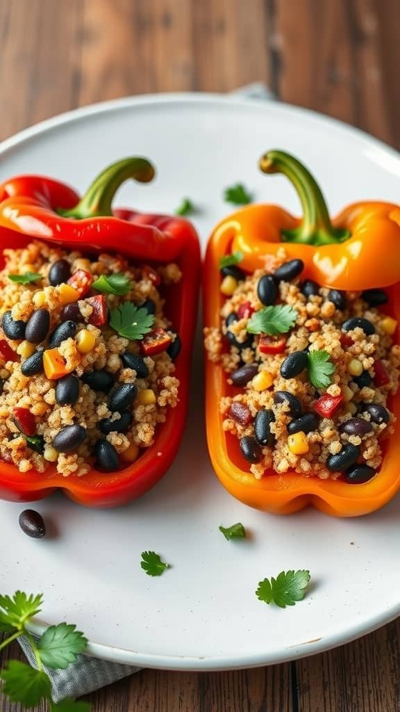 Stuffed bell peppers filled with quinoa, black beans, corn, and spices on a white plate.