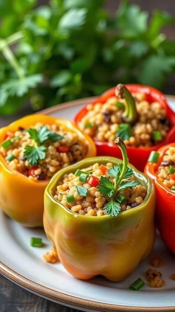 Stuffed bell peppers filled with quinoa, mung beans, and corn garnished with cilantro.