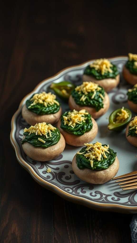 Plate of stuffed mushrooms with spinach and nutritional yeast