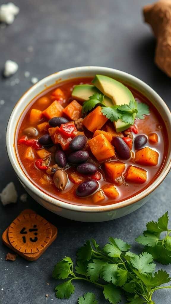 A bowl of colorful Sweet Potato and Black Bean Chili topped with avocado and cilantro.