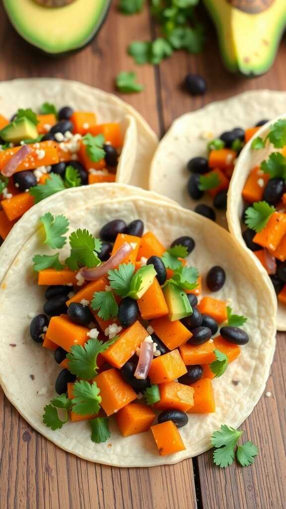 Colorful sweet potato and black bean tacos topped with cilantro and avocado